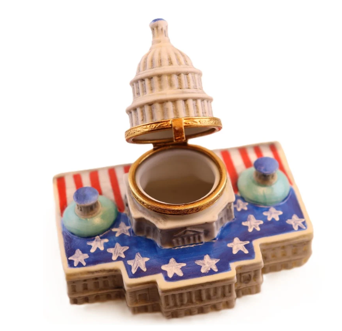 Capitol Building hand-painted Limoges porcelain box by Artoria, open view