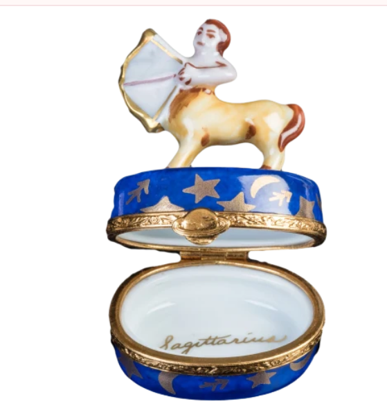 Sagittarius zodiac archer hand-painted Limoges porcelain box by Artoria, open view