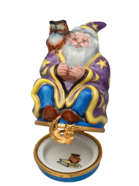 Wizard with owl and crystal ball, hand-painted Limoges porcelain box by Artoria, open view