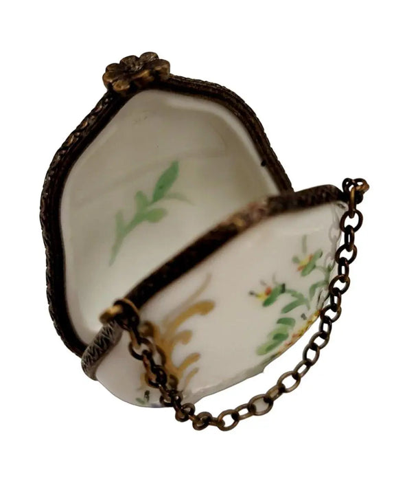 Antiqued Brass Purse Charm for Collectors Porcelain Limoges purse trinket box limoges French Trinket Box