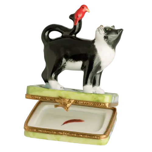 Black Cat with Red Bird for Animal Lovers Porcelain Limoges Cat French Trinket Box