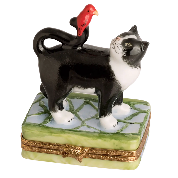 Black Cat with Red Bird for Animal Lovers Porcelain Limoges Cat French Trinket Box