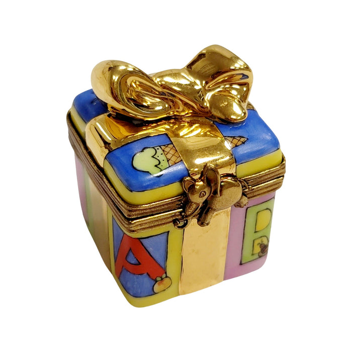 Baby Block Gold Ribbon Present Gift Limoges Box Porcelain Figurine-baby-CH3S339