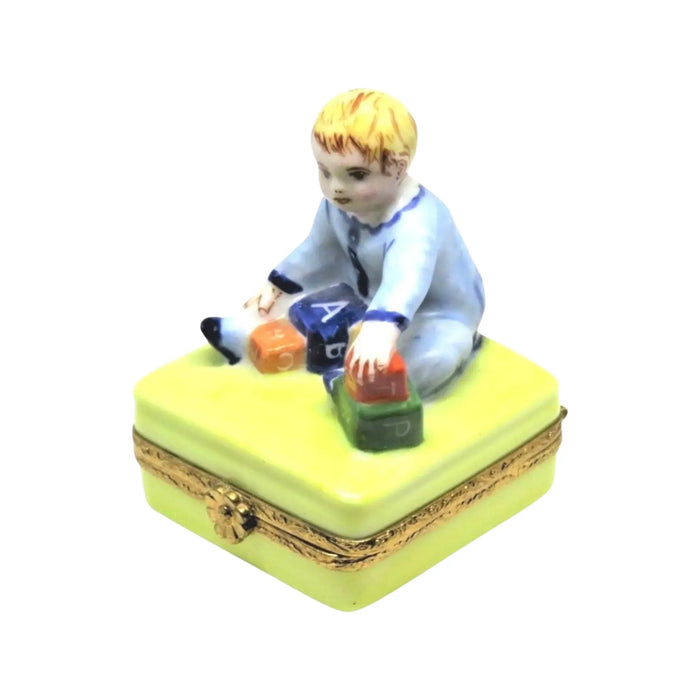 Baby with Blocks for New Parents Porcelain Limoges Babies Figurine French Trinket Box