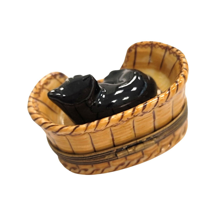Black Cat in Basket Limoges Box Porcelain Figurine-Cat-CH6D254