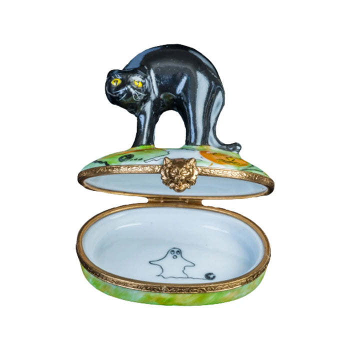 Black Halloween Cat for Festive Decor Porcelain Limoges Cat Halloween French Trinket Box