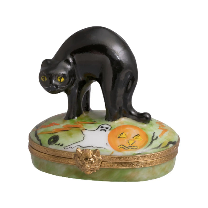 Black Halloween Cat for Festive Decor Porcelain Limoges Cat Halloween French Trinket Box