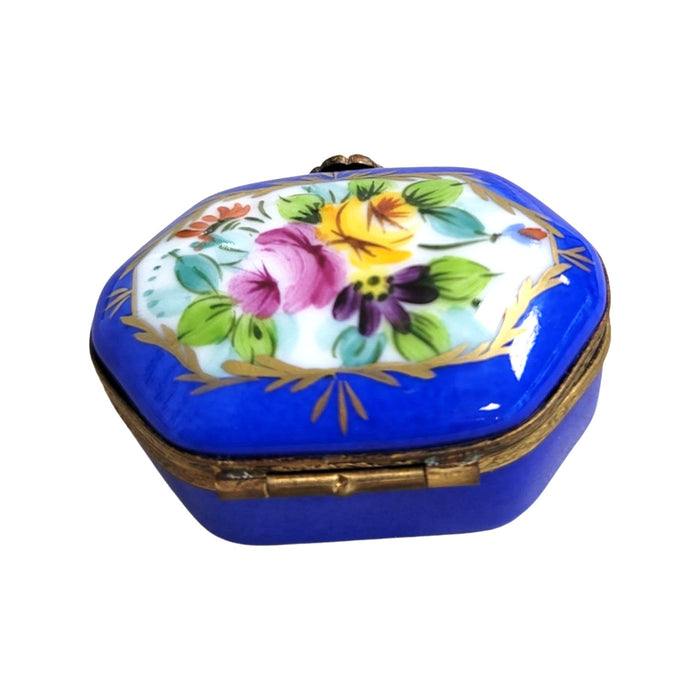 Blue Limoges Hexagon Pill Box for Elegant Storage Porcelain Limoges shaped French Trinket Box