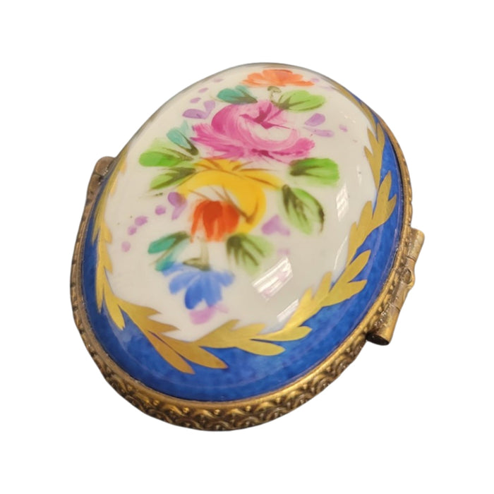 Blue Oval Pill Box for Collectors Porcelain Limoges round French Trinket Box