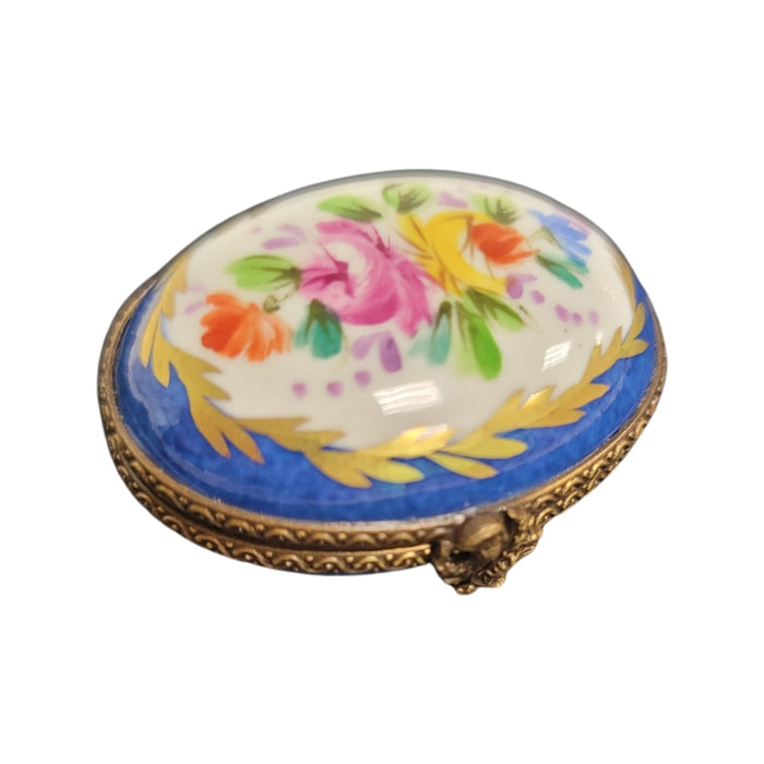 Blue Oval Pill Box for Collectors Porcelain Limoges round French Trinket Box