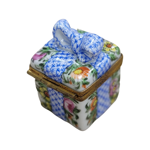 Blue Plaid Ribbon Present Gift Limoges Box Porcelain Figurine-Limoges Box special birthday-CH8C155