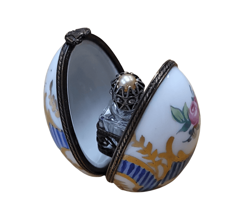 Blue Striped Egg Perfume Box for Fragrance Lovers Porcelain Limoges Perfume egg French Trinket Box