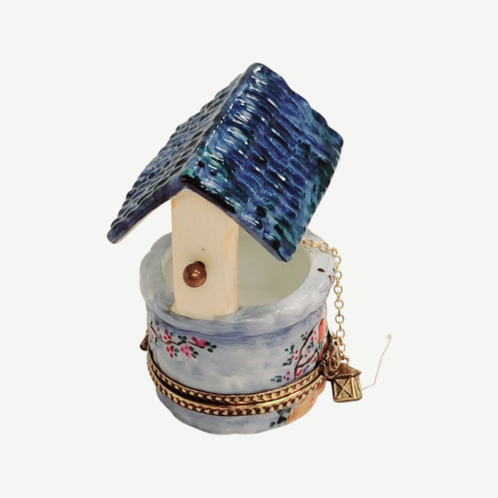 Blue Wishing Well Limoges Box Porcelain Figurine-wishing well garden bird home flowers-CH3S462