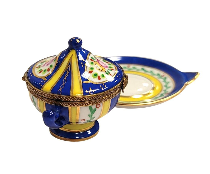 Blue Yellow Soup Tureen for Collectors Porcelain Limoges China French Trinket Box