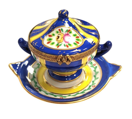 Blue Yellow Soup Tureen for Collectors Porcelain Limoges China French Trinket Box