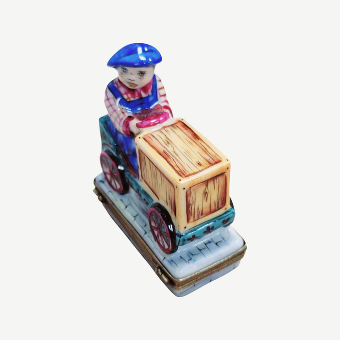 Boy on Cart Bike Limoges for Kids Porcelain Limoges baby vehicle kids French Trinket Box