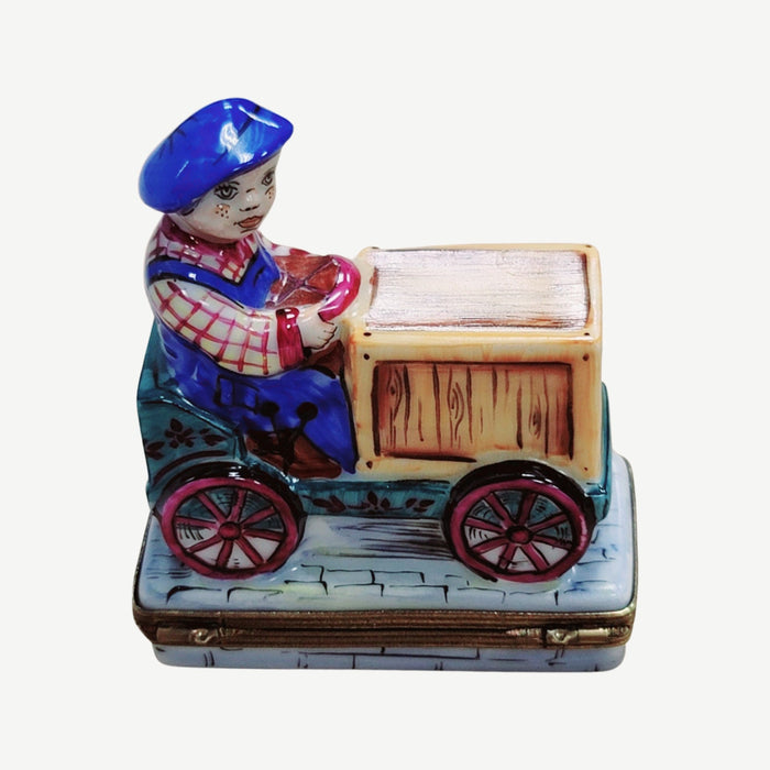 Boy on Cart Bike Limoges for Kids Porcelain Limoges baby vehicle kids French Trinket Box