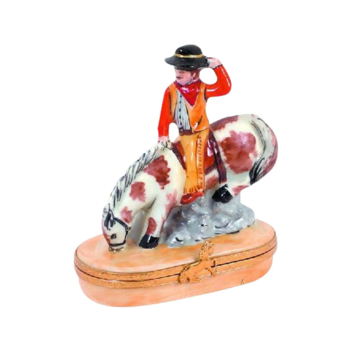Bucking Bronco Cowboy for Collectors Porcelain Limoges fairy farm animals united states French Trinket Box