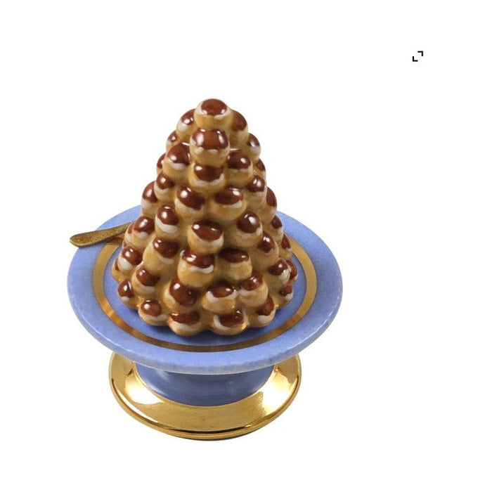 The painter's artistry shows on this Croquembouche Pastry Puffs Cake Limoges box
