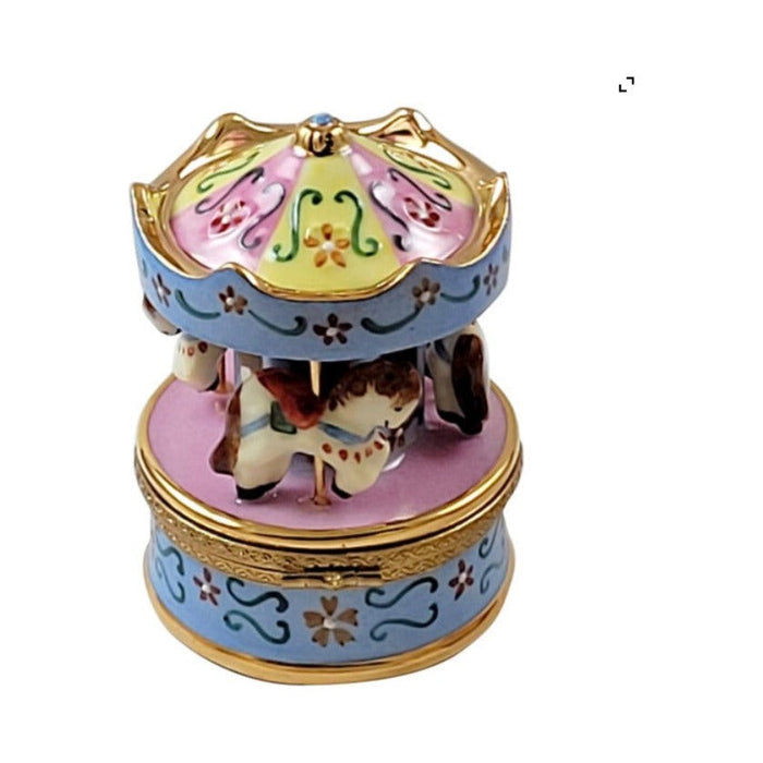Painted details on the Blue Pink Carousel Limoges box, French art in miniature