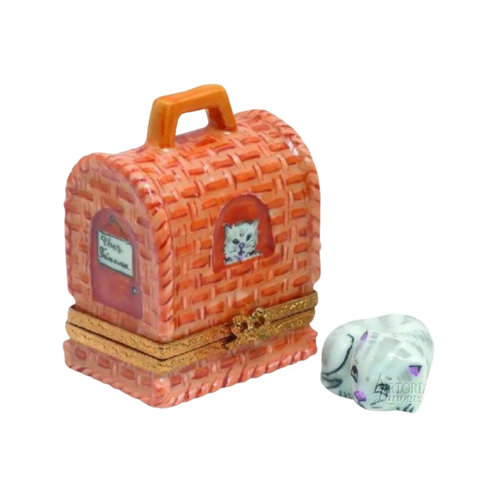 Cat Carrier Limoges Box for Cat Lovers Porcelain Limoges Cat French Trinket Box