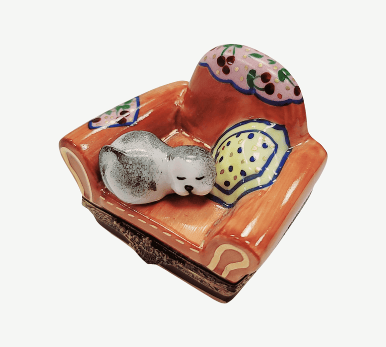Cat In Armchair Limoges Box for Cat Lovers Porcelain Limoges cat furniture French Trinket Box