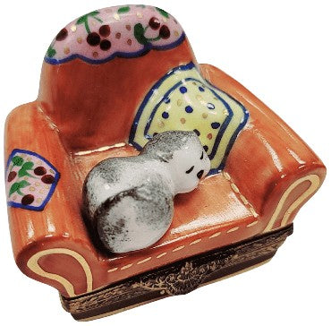 Cat In Armchair Limoges Box for Cat Lovers Porcelain Limoges cat furniture French Trinket Box
