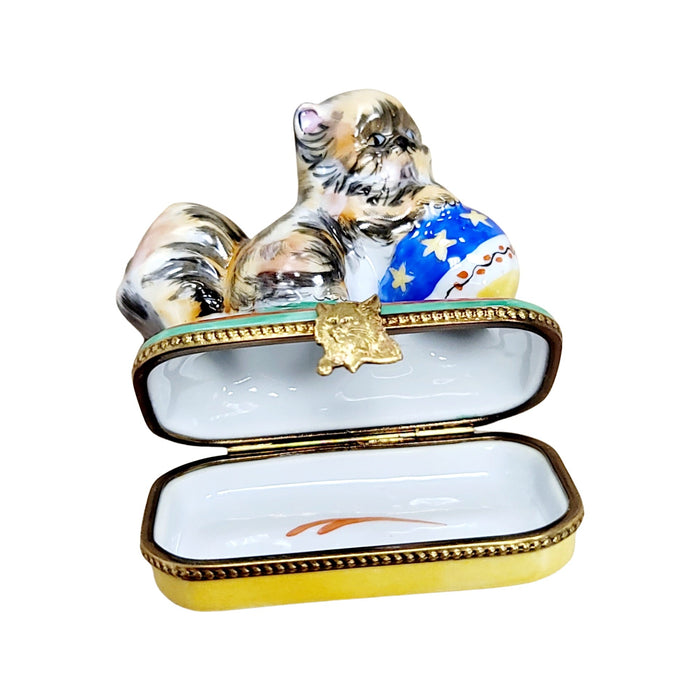 Cat Playing with Yarn Box for Cat Lovers Porcelain Limoges Cat French Trinket Box