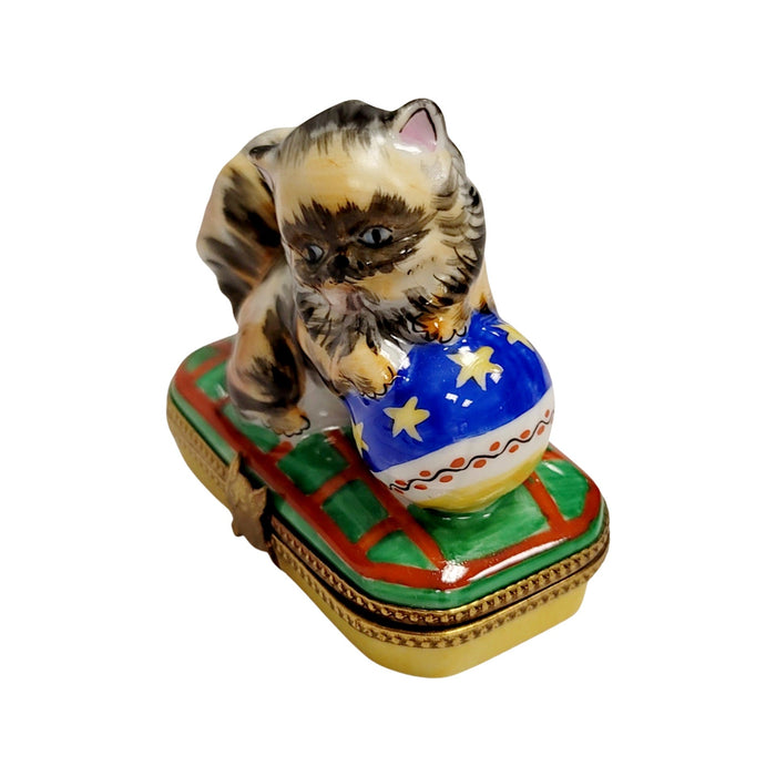 Cat Playing with Yarn Box for Cat Lovers Porcelain Limoges Cat French Trinket Box