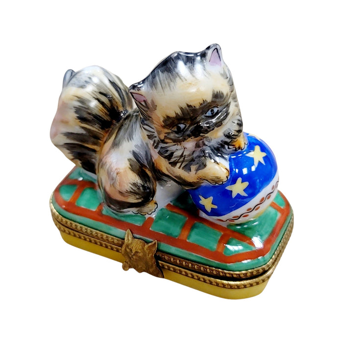 Cat Playing with Yarn Box for Cat Lovers Porcelain Limoges Cat French Trinket Box