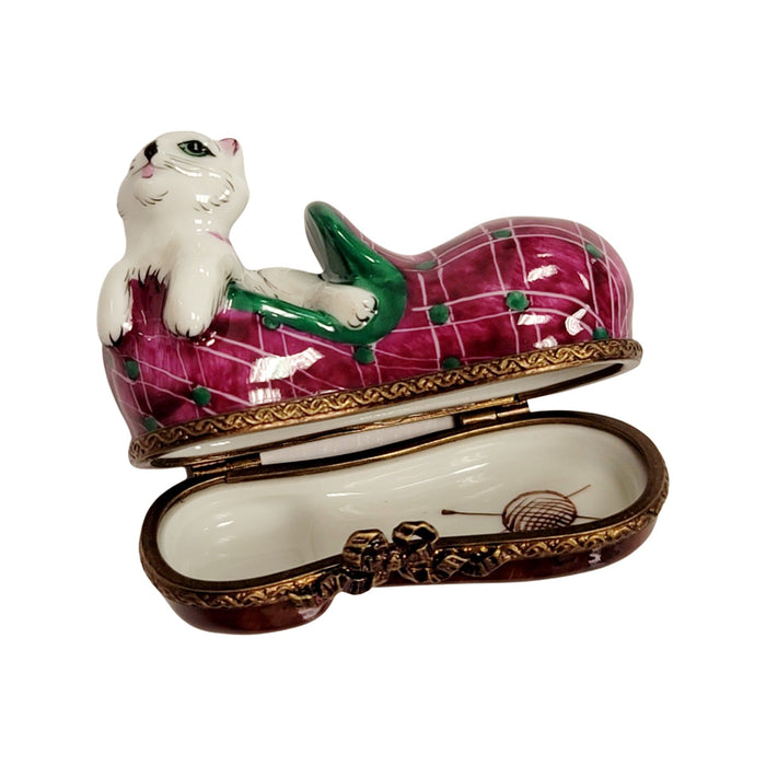 Cat Snuggled in Slipper for Cat Lovers Porcelain Limoges Cat French Trinket Box