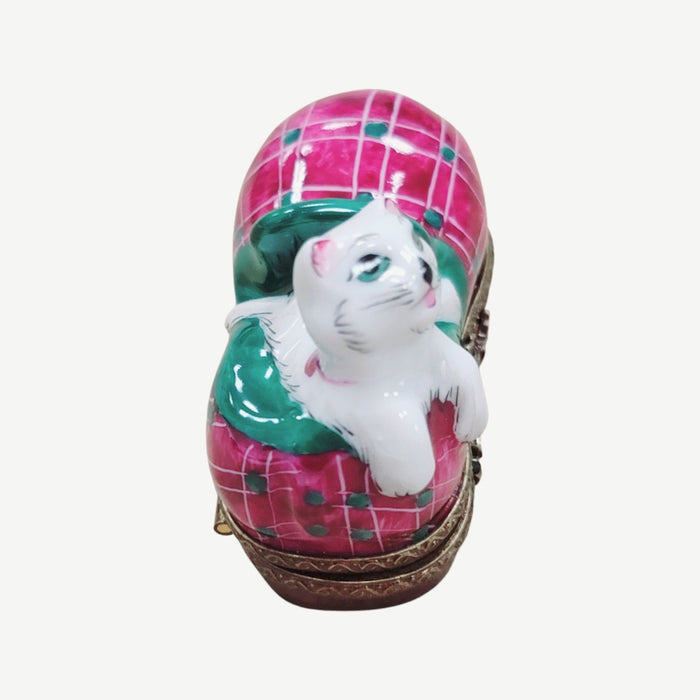 Cat Snuggled in Slipper for Cat Lovers Porcelain Limoges Cat French Trinket Box