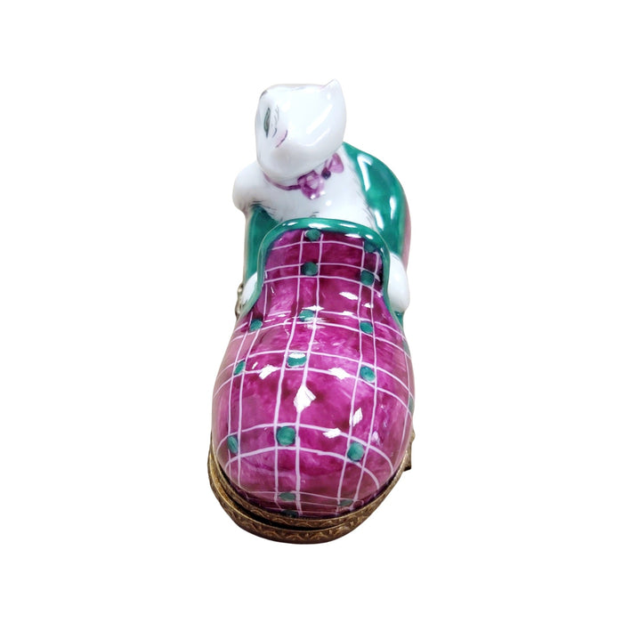 Cat Snuggled in Slipper for Cat Lovers Porcelain Limoges Cat French Trinket Box