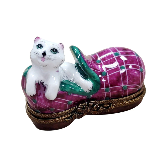 Cat Snuggled in Slipper for Cat Lovers Porcelain Limoges Cat French Trinket Box
