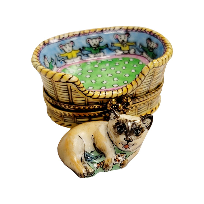 Cat in Basket Limoges Box Porcelain Figurine-Cat-CH3S474