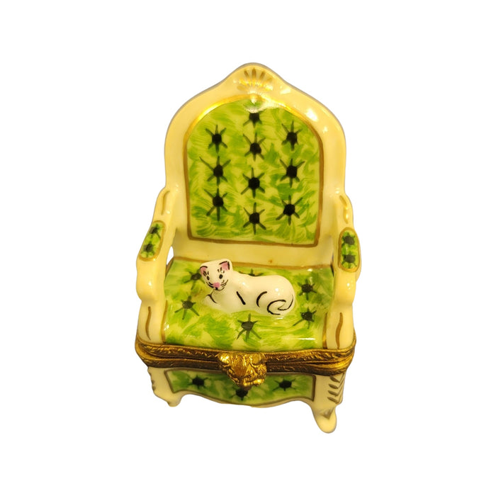 Cat on Green Chair for Cat Lovers Porcelain Limoges Cat furniture French Trinket Box
