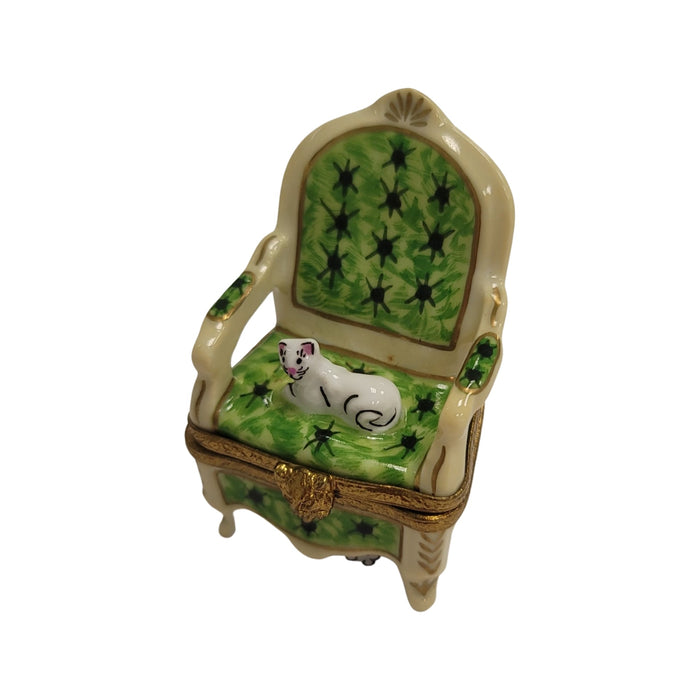 Cat on Green Chair for Cat Lovers Porcelain Limoges Cat furniture French Trinket Box