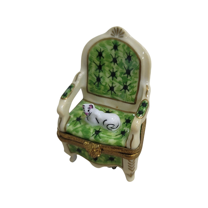 Cat on Green Chair for Cat Lovers Porcelain Limoges Cat furniture French Trinket Box