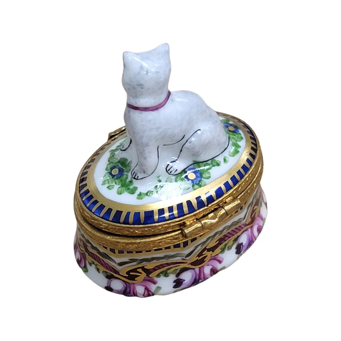 Cat on Sevre Roses Base Limoges Box Porcelain Figurine-Cat-CH8C225