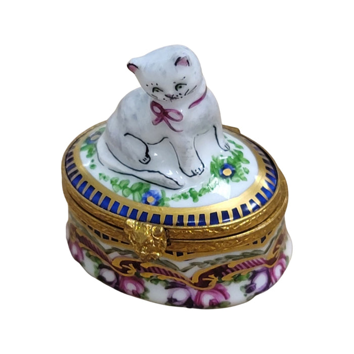 Cat on Sevre Roses Base Limoges Box Porcelain Figurine-Cat-CH8C225