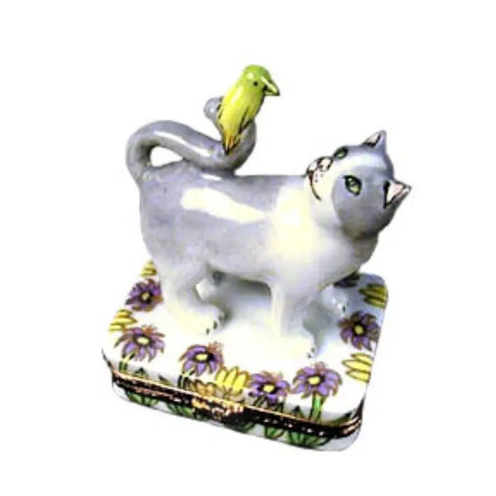 Cat with Canary for Cat Lovers Porcelain Limoges cat French Trinket Box