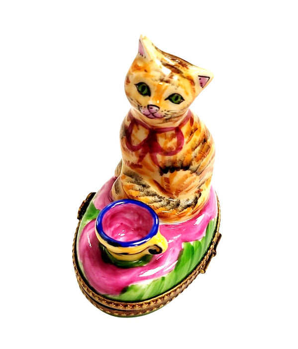 Cat w Pink Cup Limoges Box Porcelain Figurine-Cat-CH3S286