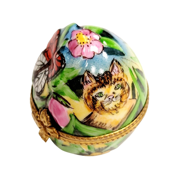 Charming Cat Egg for Nature Lovers Porcelain Limoges Egg Butterfly Cat French Trinket Box