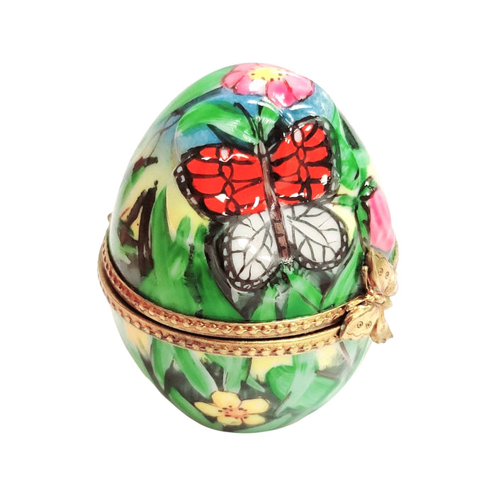 Charming Cat Egg for Nature Lovers Porcelain Limoges Egg Butterfly Cat French Trinket Box