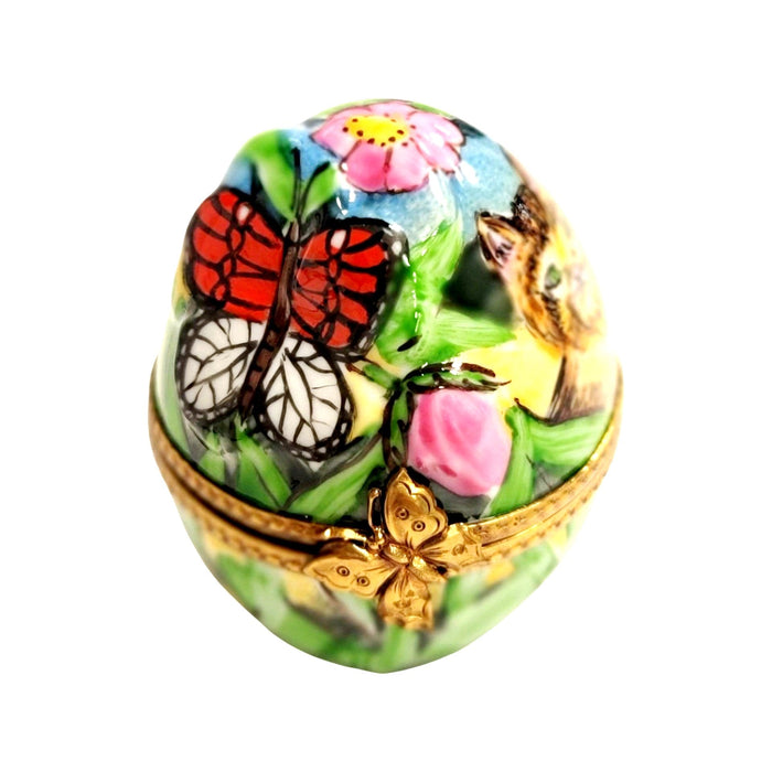 Charming Cat Egg for Nature Lovers Porcelain Limoges Egg Butterfly Cat French Trinket Box