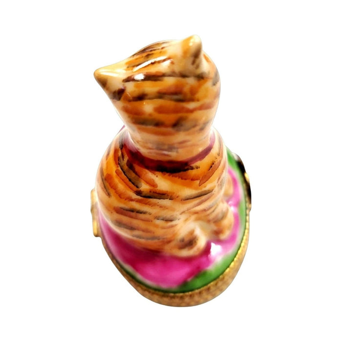 Collectible Cat with Pink Cup Limoges box with artisan brushwork