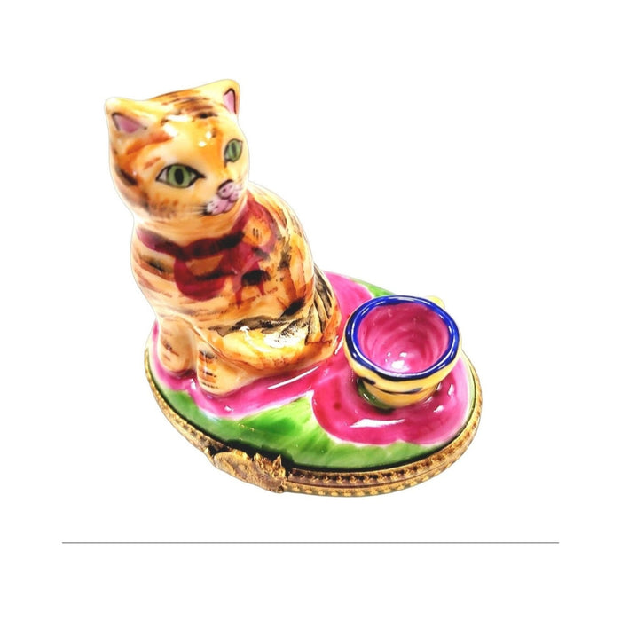 Authentic Cat with Pink Cup Limoges box, hand-painted in France, from Limoges Boutique