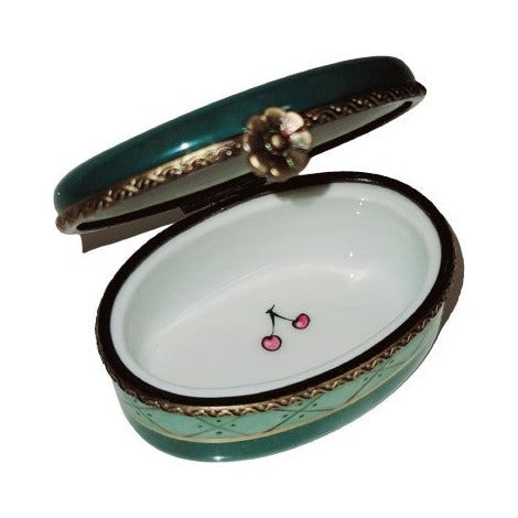 Collectible Cherries on Green Oval Limoges box with artisan brushwork