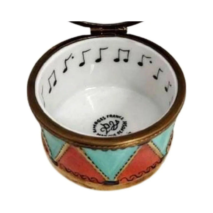 Painted details on the Christmas Drum in 90s Limoges box, French art in miniature
