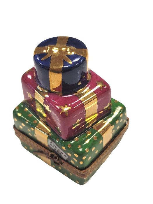 Christmas Presents Teddy Bear inside Stacked Gift Gold Bow Limoges Box Porcelain Figurine-xmas-CH1R225